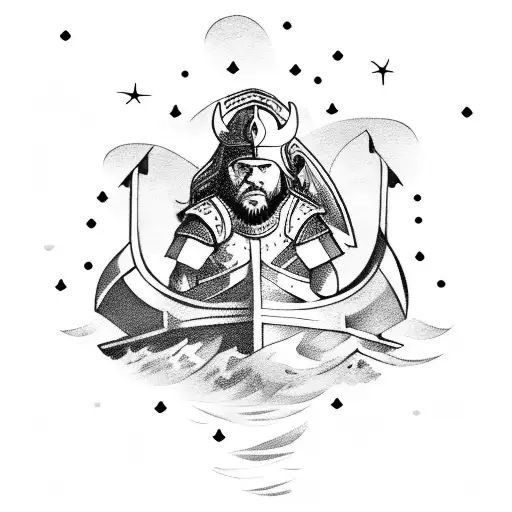 Viking Warrior On A Viking Ship With Crashing Waves And Starry Night Sky