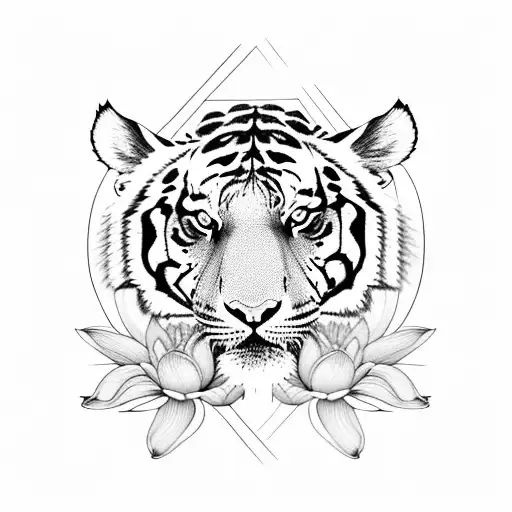 Tiger With Lotus Flowers