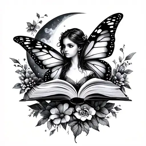 Butterfly Fairy With Open Book And Moon