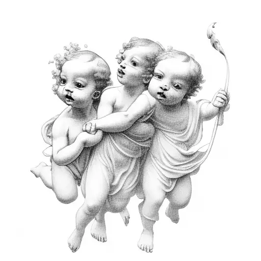 Three Cherubs Holding Hands And Flying In A Line
