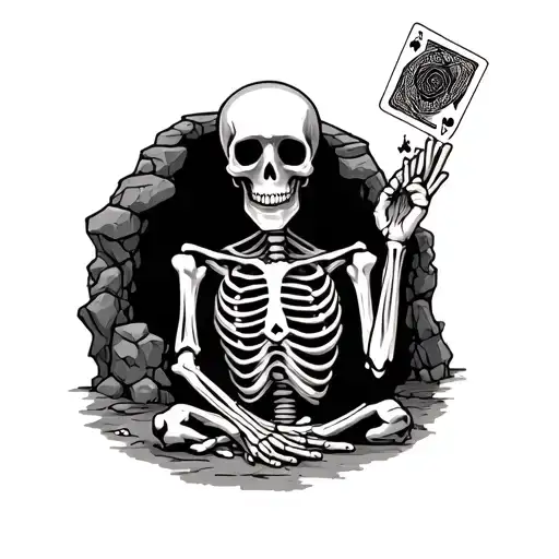Skeleton Holding Playing Cards Surrounded By A Cave
