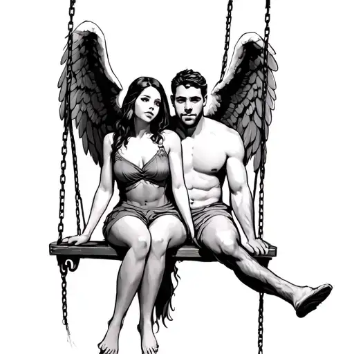 Girl Sitting On Swing Next To Man With Angel Wings