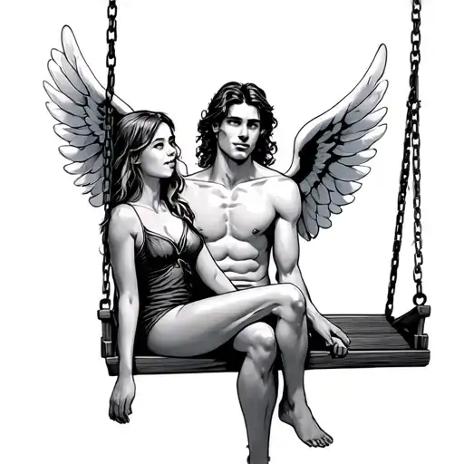 Girl Sitting On Swing Next To Man With Angel Wings