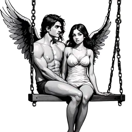 Girl Sitting On Swing Next To Man With Angel Wings