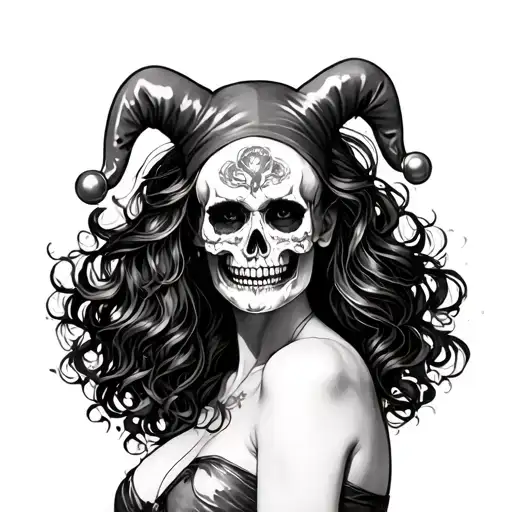 Woman With A Skull Jester Head On Her Back