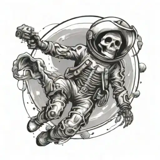 Astronaut Floating In Space With A Cowboy Hat And Skeleton Head