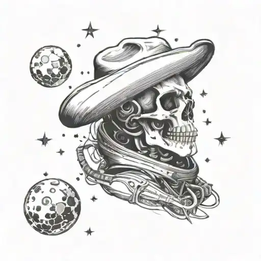 Astronaut Floating In Space With A Cowboy Hat And Skeleton Head Stars Background