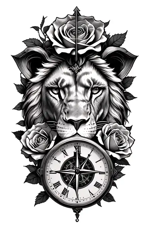 Lions Eye Sourronded By Roses With A Cross Somewhere A Compass And A Old Watch