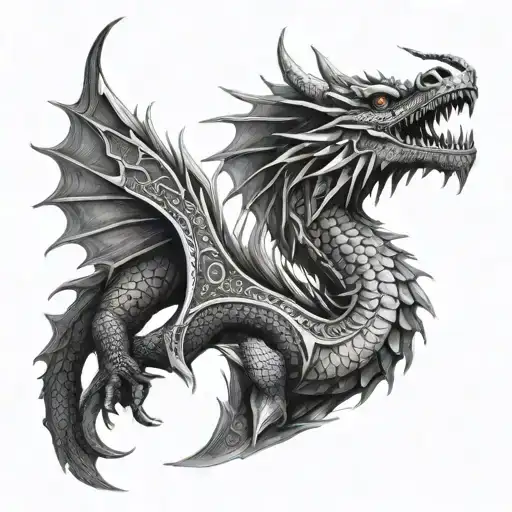 Dragon Covering The Shoulder In Black And White