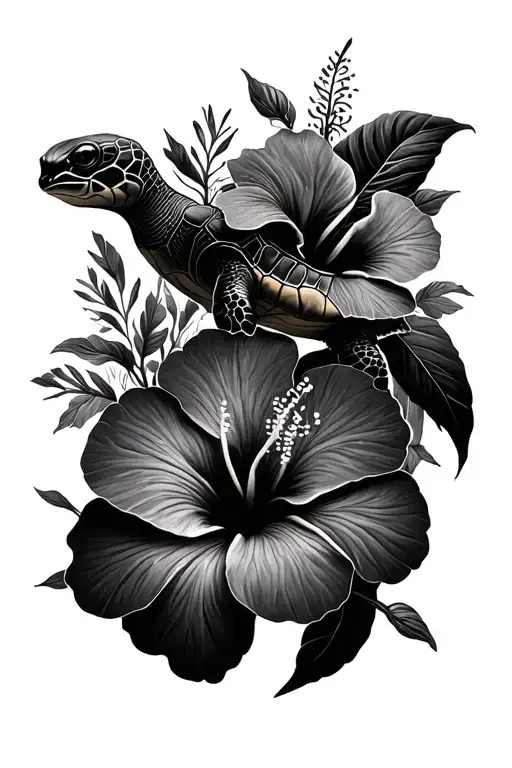 Turtle And Hibiscus Flowers