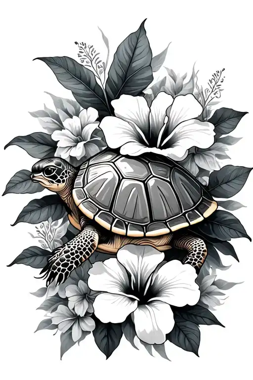 Turtle And Hibiscus Flowers Surrounding