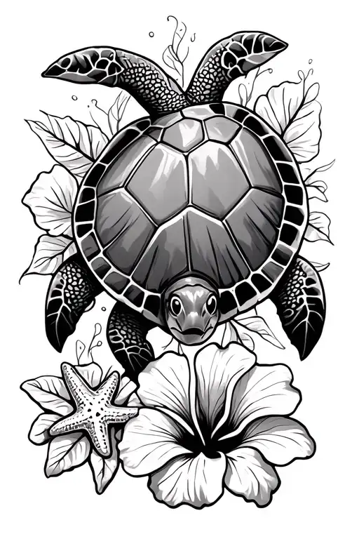 Turtle And Hibiscus Flowers Surrounding Turtle And Starfish