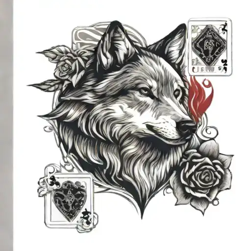 Wolf With 2 And 7 Playing Cards Then Red Roses Background And Fire