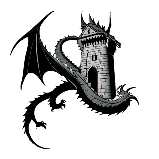 Medieval Tower With Long Dragon Flying Around It