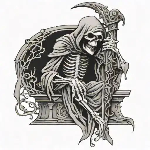 Grim Reaper Sitting On Throne Of Bones Holding The World