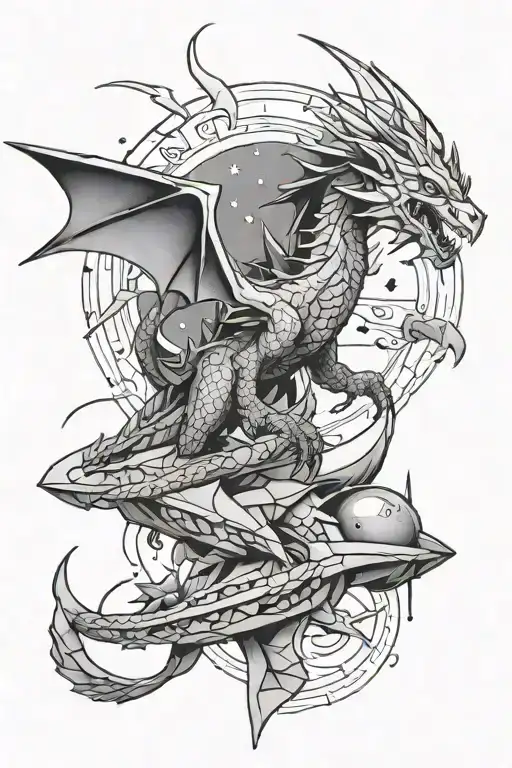 Dragon And Spaceship Soaring Minimalistic