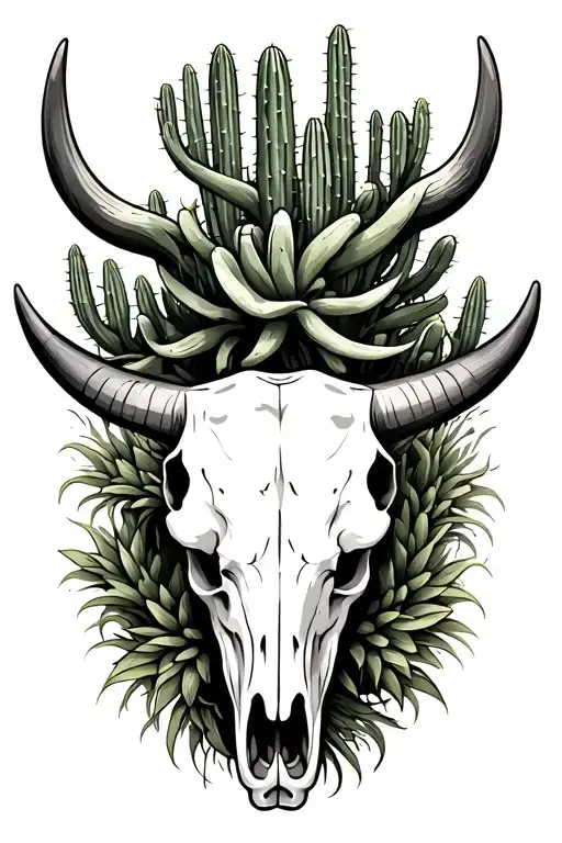 Bull Skull With Cactus Growing