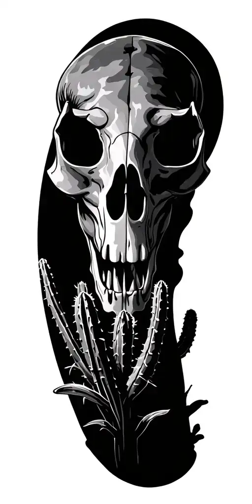 Bull Skull With Cactus Growing