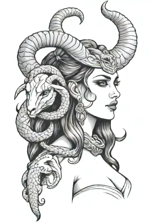 Beautiful Woman With Goat Horns Holding Snake