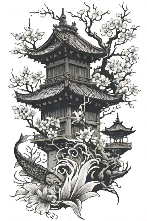 Japenese Fishing Silhoette With Cherry Blossoms And Pagoda
