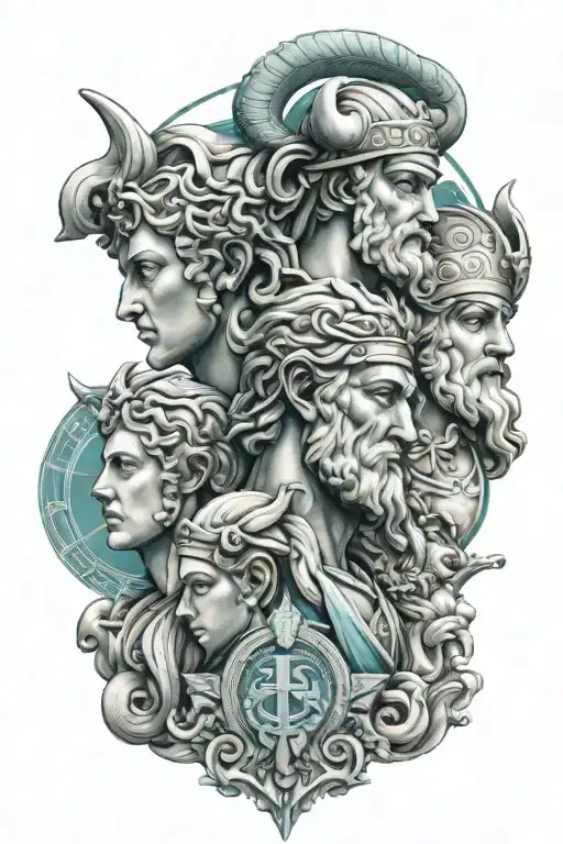 Greek And Norse Gods In Statue Form With Teal Highlights