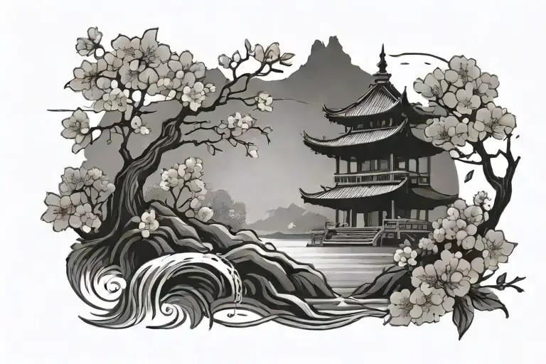 Japenese Fishing Silhoette With Cherry Blossoms And Pagoda