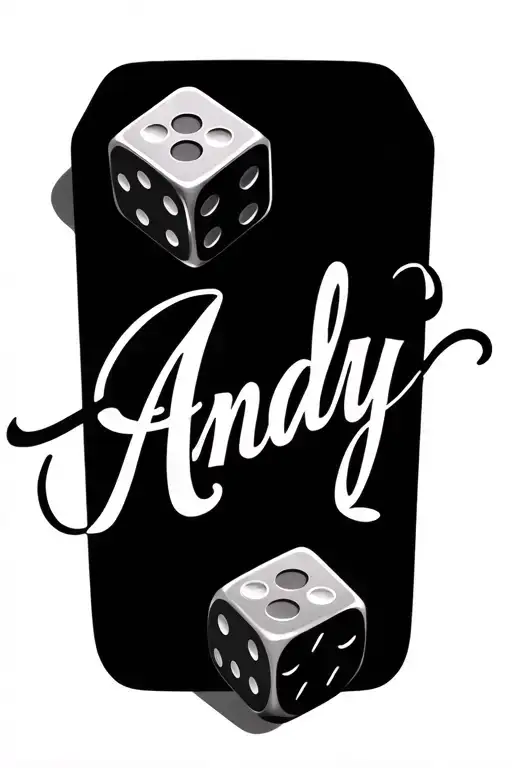 Andy Name Wrote In Cursive With 2 Dice Set Under The Name