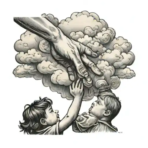 Cloud With Hand Reaching Down To Mother And Son Holding Hands
