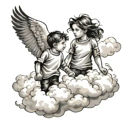 Mother And Son Walking Into The Clouds Surrounding