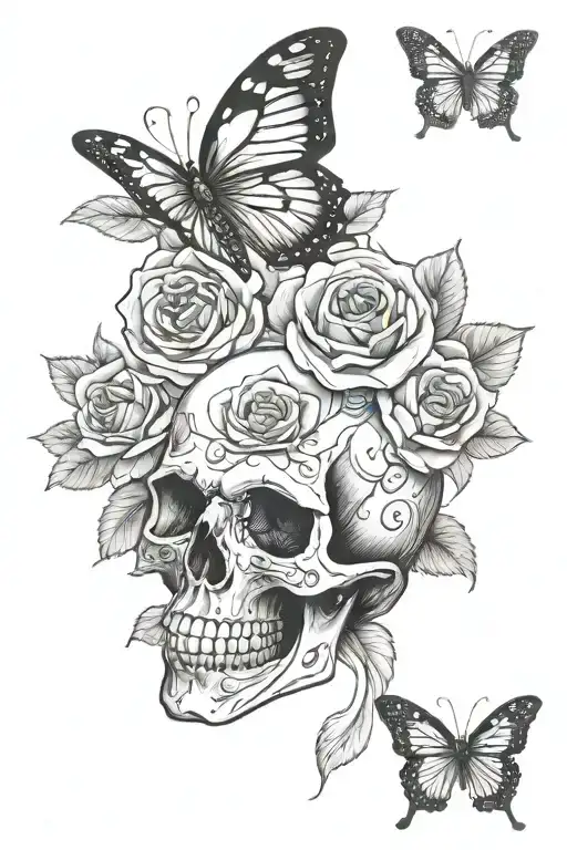 Skull With Butterfly And Roses