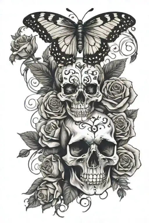 Butterfly On Skull Surrounded By Roses