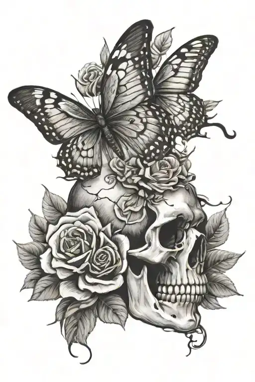 Butterfly On Skull With Roses