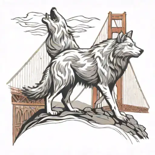 A Majestic Wolf Howling At The Golden Gate Bridge In A Black-grey Style