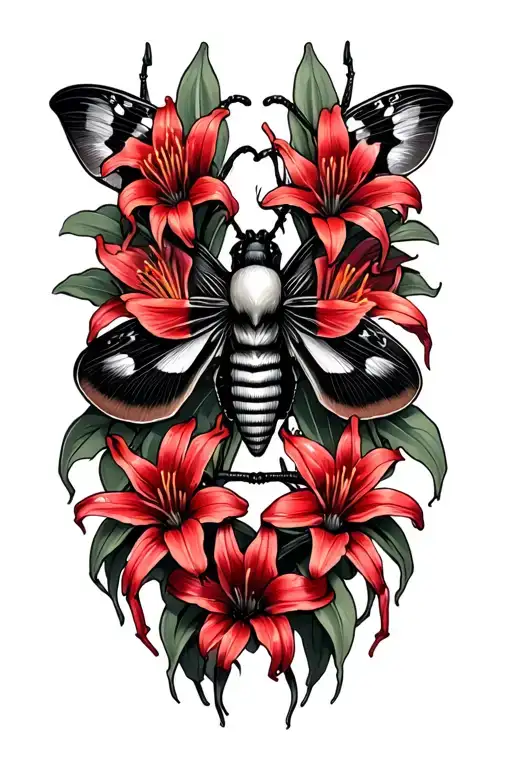 Death Moth With Five Red Spider Lily Flowers