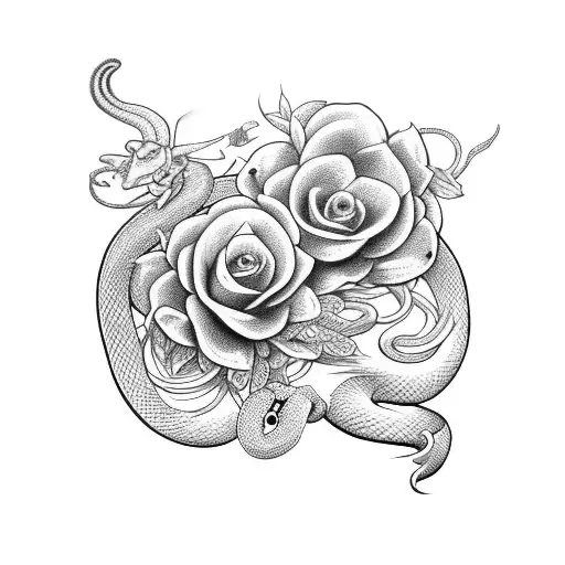 Snake With Flowers And Deathmoth On The Thigh