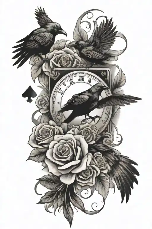 Western Half Sleeve With Crows Playing Cards And Roses