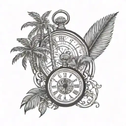 Compas Pocket Watch Map Palm Tree
