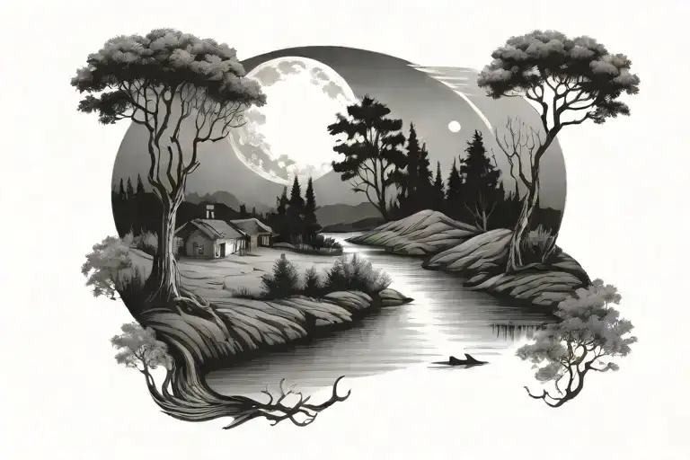 Moon Shining Brightly Over Landscape With River And Trees