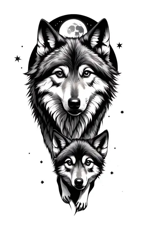 Mom Wolf With 2 Pups And Moon And Stars In Back Ground