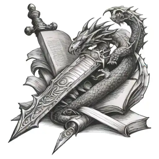 Dragon Wrapped Sword With Books