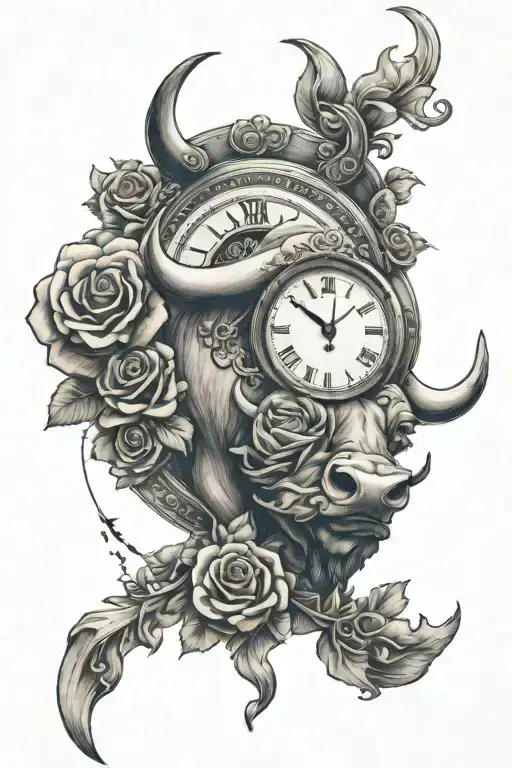 Bull And Rose And Roulette Wheele And Clock With Greek Features