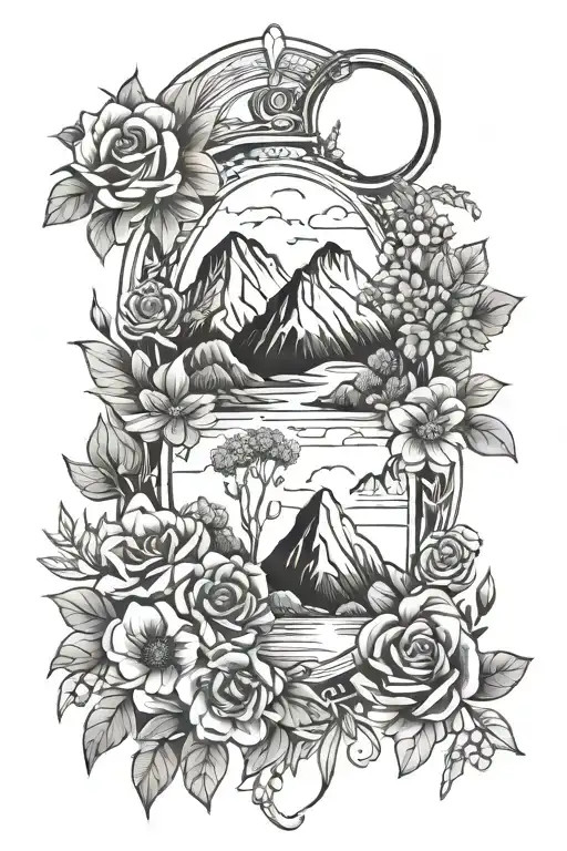 Cottage Core Dainty Female Nature With Mountains And Flowers