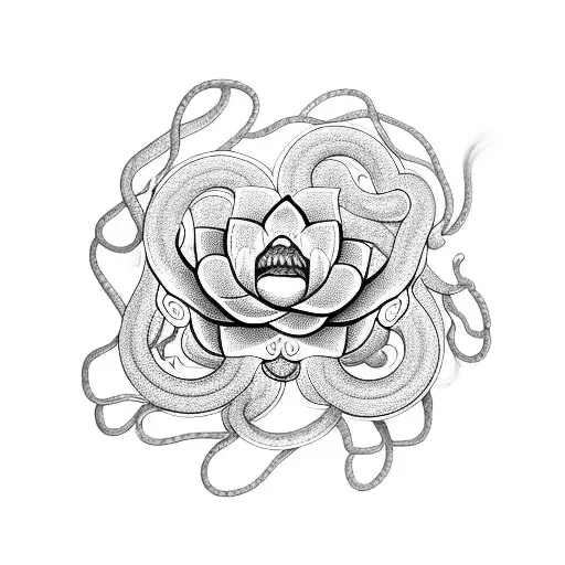 A Coiled Snake Intertwined With A Blooming Lotus