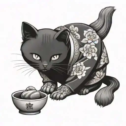 Cat In Kimono With Bowl In Paws