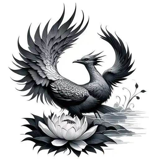 Fine Line Phoenix With Lotus Flower