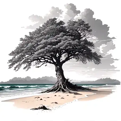 Beach With Oak Tree Growing
