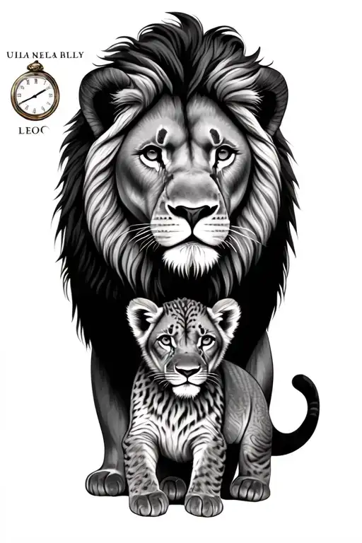 Lion And Cub With Clock And Date And Name Leo