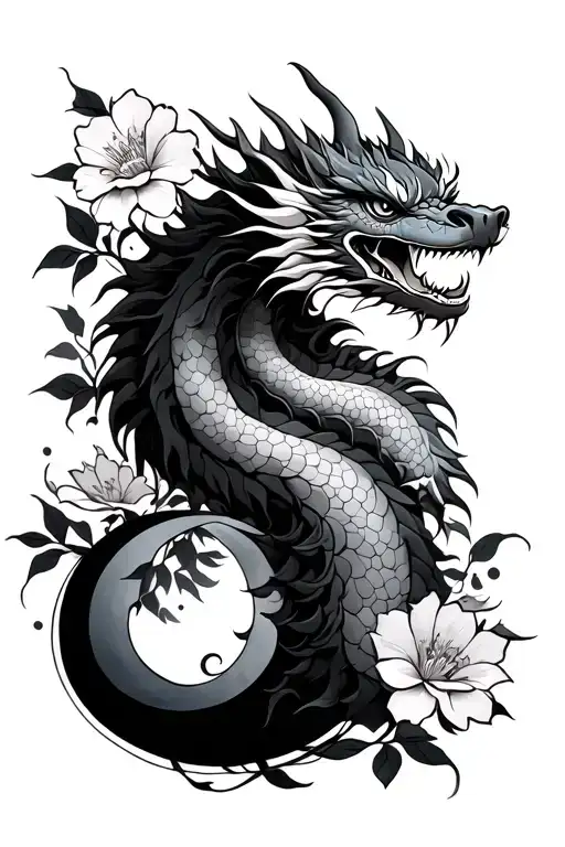 Japanese Dragon With Flowers And Moon