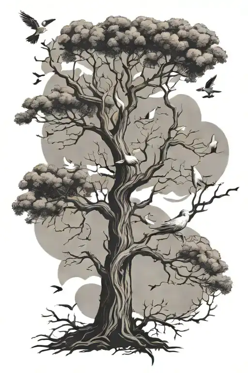Poison Tree With No Leaves And Doves Flying Away