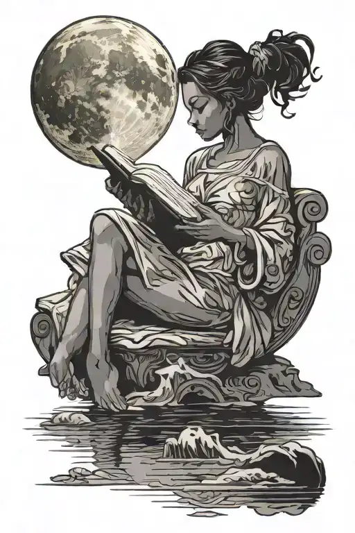 Silhouette Of Woman Reading A Book Against The Moon Over Water